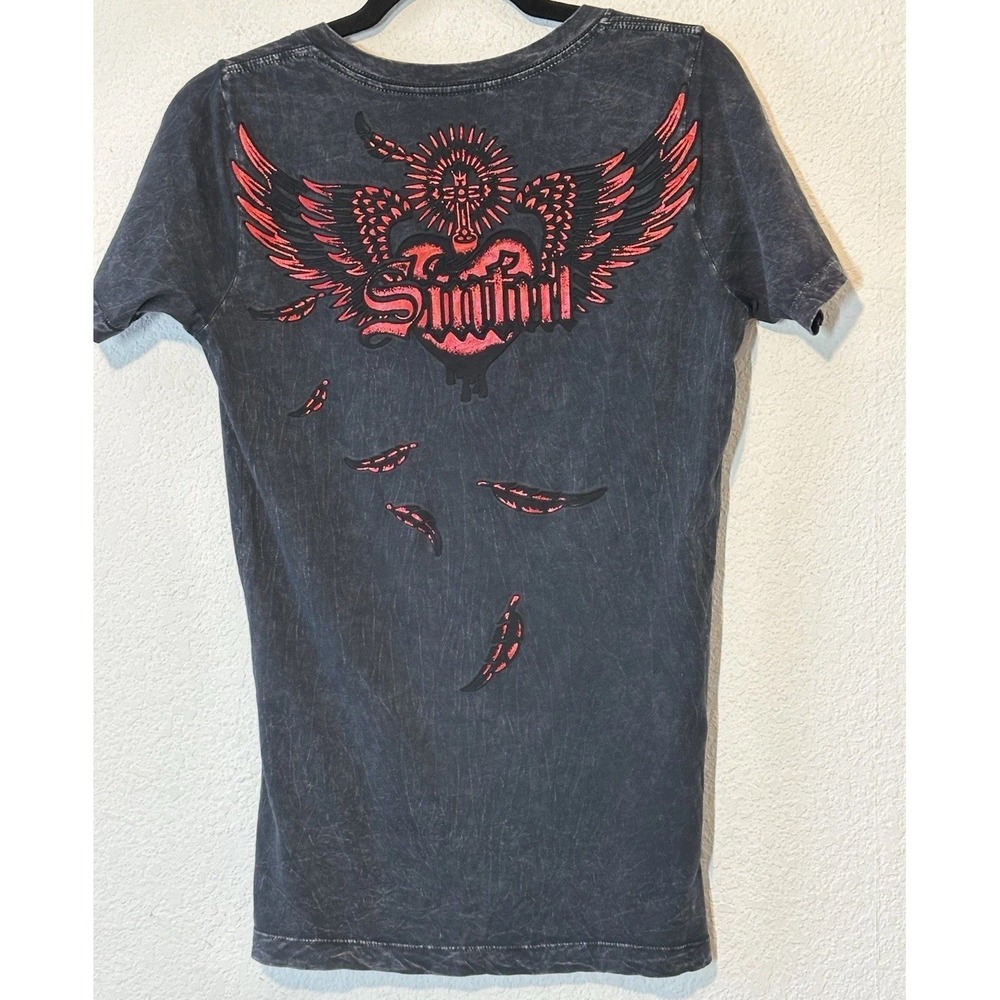 Affliction Sinful Black Red Short Sleeve AOP  Deep V-neck Women‎ Medium